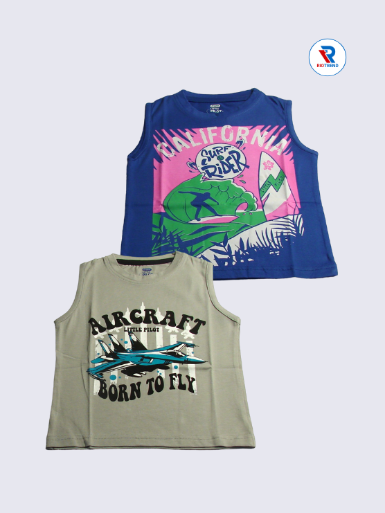 Boys Sleeveless Cotton T-Shirt Combo (Pack of 2) - Sporty Blue and Cream Color