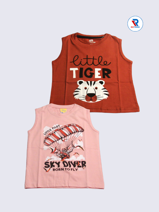 Boys Sleeveless Cotton T-Shirt Combo (Pack of 2) - Sleek Brown and Peach Color