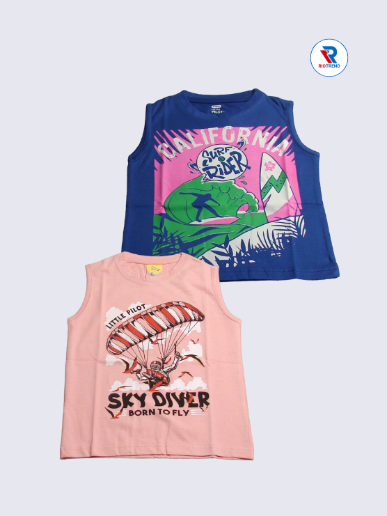 Boys Sleeveless Cotton T-Shirt Combo (Pack of 2) - Bright Peach and Blue Color