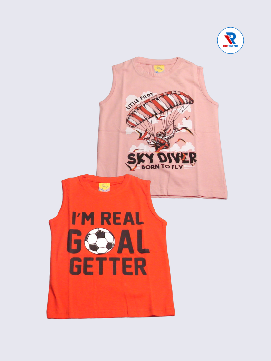 Boys Sleeveless Cotton T-Shirt Combo (Pack of 2) - Dynamic Peach and Red Color