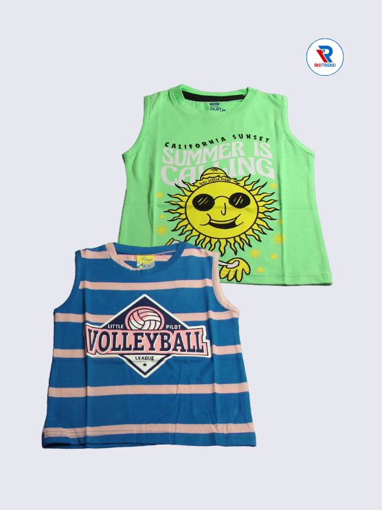 Boys Sleeveless Cotton T-Shirt Combo (Pack of 2) - Timeless Light Green and Blue Color