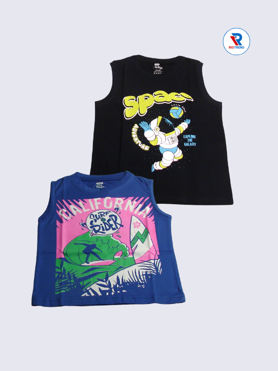 Boys Sleeveless Cotton T-Shirt Combo (Pack of 2) - Striking Jet Black and Blue Color