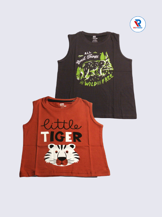 Boys Sleeveless Cotton T-Shirt Combo (Pack of 2) - Dynamic Raisin Black and Brown Color