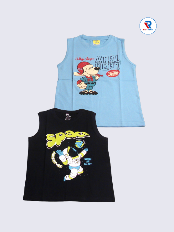 Boys Sleeveless Cotton T-Shirt Combo (Pack of 2) - Fiery Steel Blue and Jet Black Color