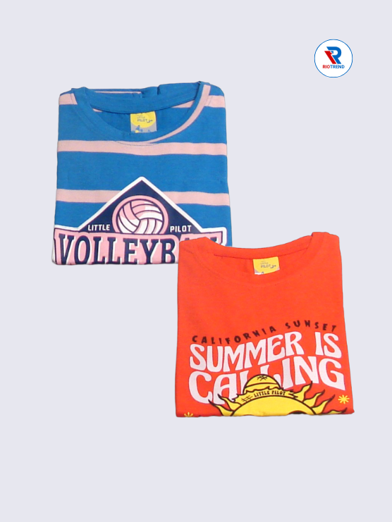 Boys Half Sleeve Cotton T-Shirt Combo (Pack of 2) - Comfort Cerulean Blue and Red Orange Color