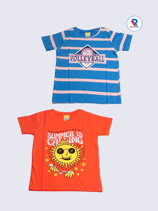Boys Half Sleeve Cotton T-Shirt Combo (Pack of 2) - Comfort Cerulean Blue and Red Orange Color