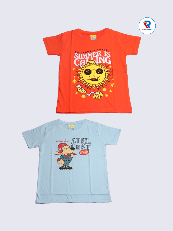 Boys Half Sleeve Cotton T-Shirt Combo (Pack of 2) - Vibrant Energy Red Orange and Light Steel Blue Color