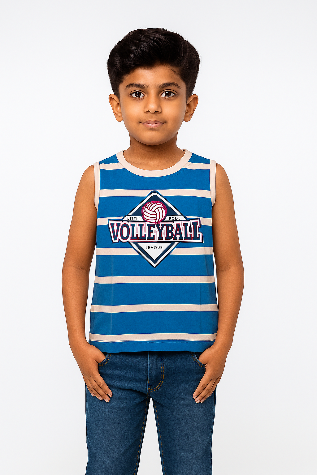 Boys' Cotton Sleeveless Blue with Pink T-Shirt