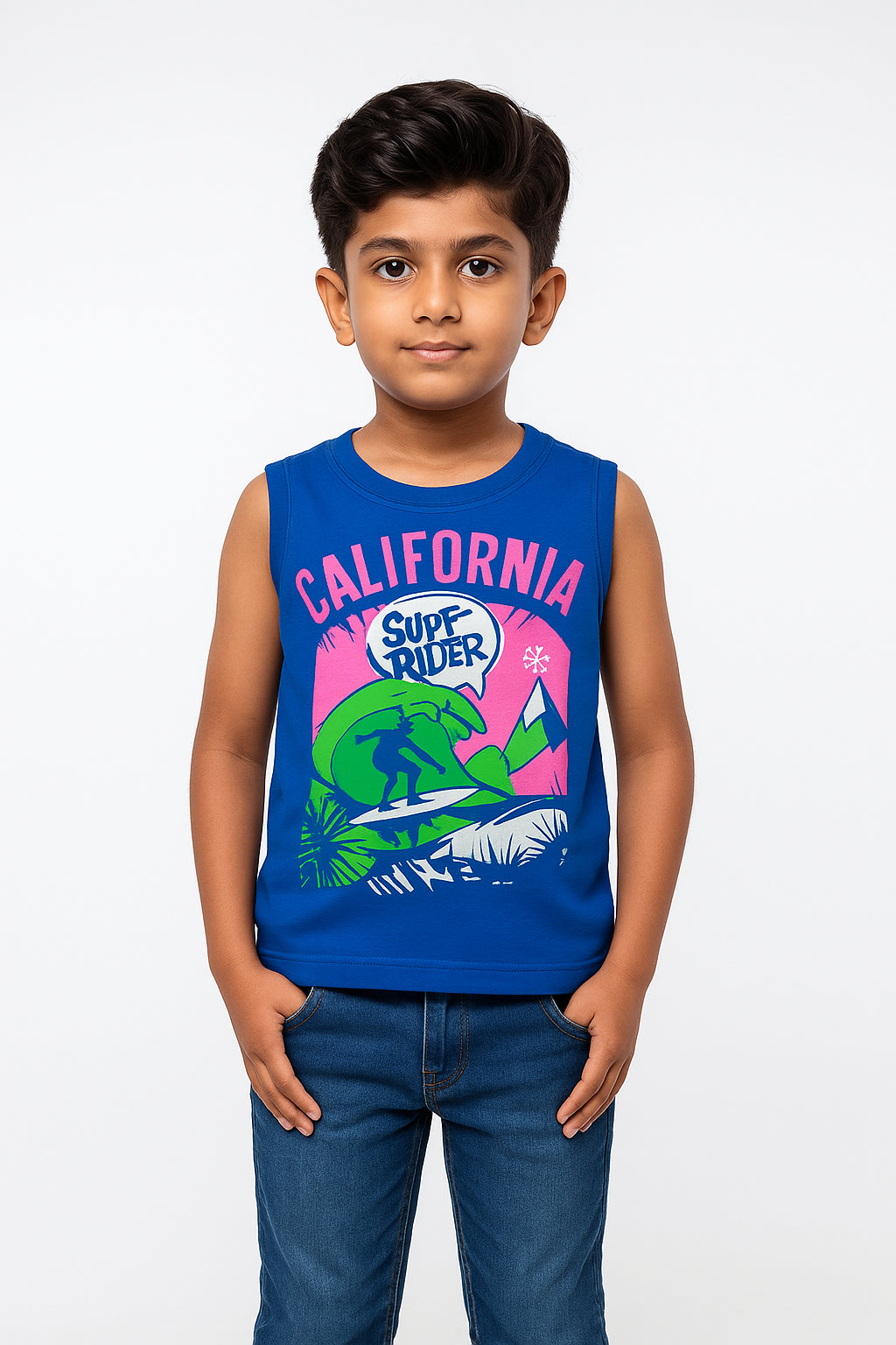 Boys' 100% Cotton Sleeveless Blue with Pink T-Shirt