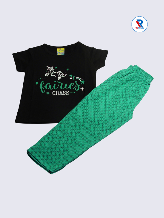 Girls Set Cotton 02-12Yrs Black and Green Color - RioTrend