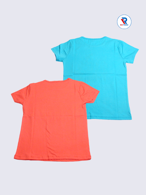 Girls Cotton T-Shirt Combo - Cyan and Coral Pink - Pack of 2