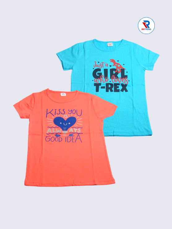 Girls Cotton T-Shirt Combo - Cyan and Coral Pink - Pack of 2