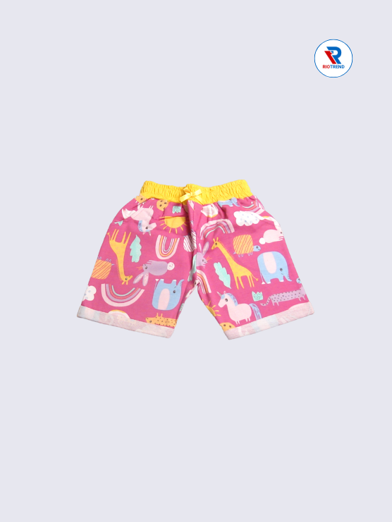 Girls' Regular Fit Deep Pink Shorts with Cartoon Animal Prints