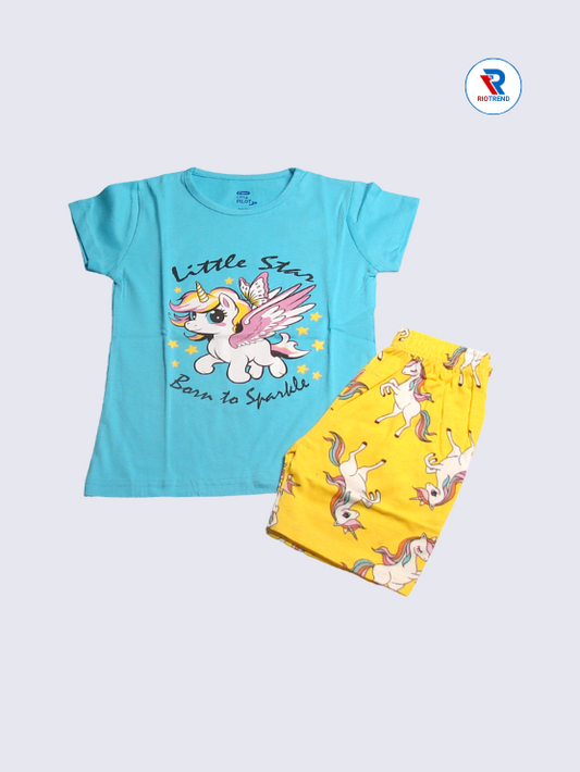 Girls Clothing Set: Energetic Cyan Cotton Half-Sleeve T-Shirt and Shorts