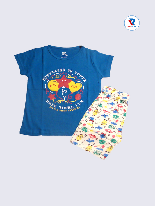 Girls Wardrobe Essential: Cotton Dark Blue Half-Sleeve T-Shirt & Shorts Set