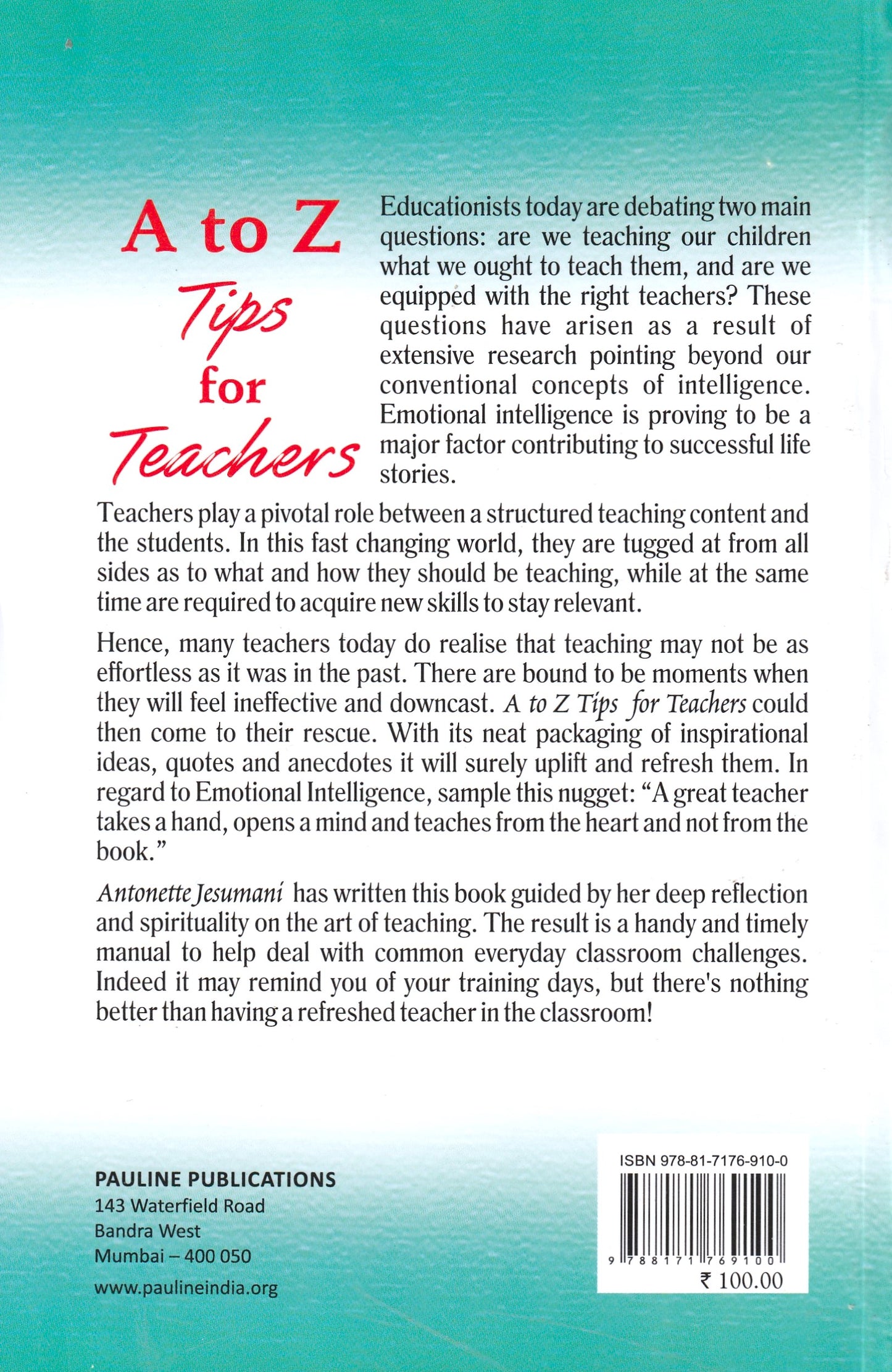 A to Z Tips for Teachers (English, Paperback, Antonette Jesumani FSP)