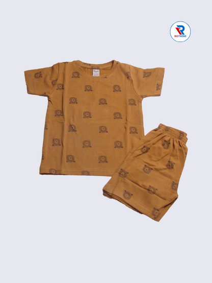 Brown boy's baby co-ord set with a T-shirt and shorts, size 18-24 months, displayed on a white background