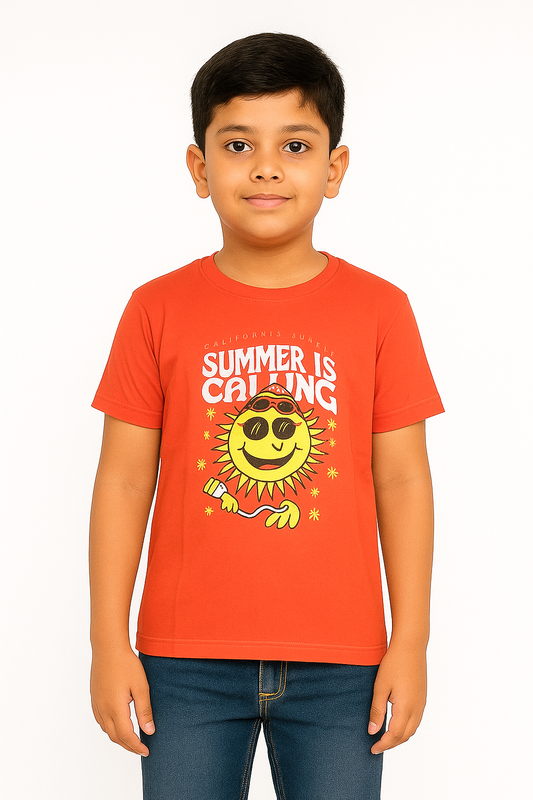 Boys' Cotton Half Sleeve Red Orange