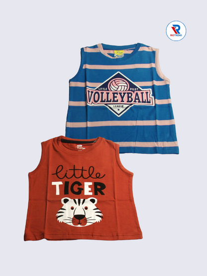 Boys Sleeveless Cotton T-Shirt Combo (Pack of 2) - Trendy Blue and Brown Color