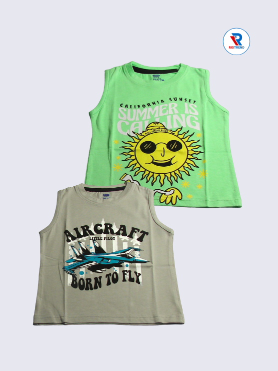 Boys Sleeveless Cotton T-Shirt Combo (Pack of 2) - Stylish Light Green and Cream
