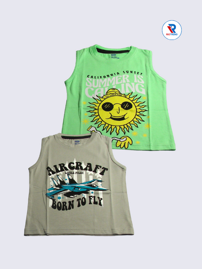 Boys Sleeveless Cotton T-Shirt Combo (Pack of 2) - Stylish Light Green and Cream