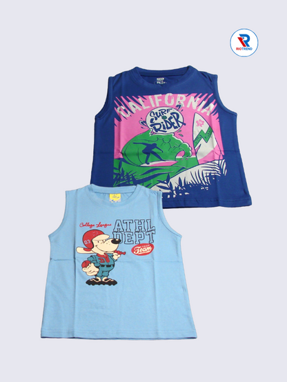 Boys Sleeveless Cotton T-Shirt Combo (Pack of 2) - Casual Steel Blue and Blue Color