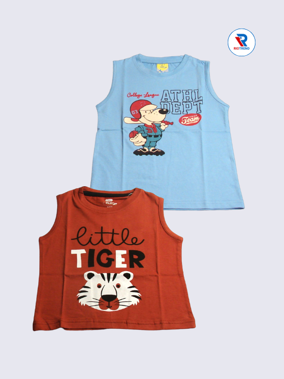 Boys Sleeveless Cotton T-Shirt Combo (Pack of 2) - Sporty Steel Blue and Brown Color