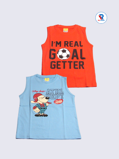 Boys Sleeveless Cotton T-Shirt Combo (Pack of 2) - Vibrant Red and Steel Blue Color