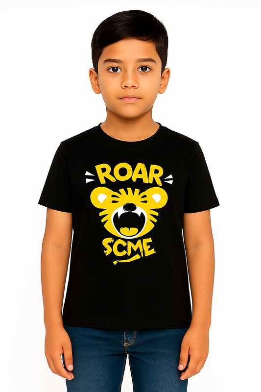 Boys' Round Neck Cotton Half Sleeve Black Roar T-Shirt