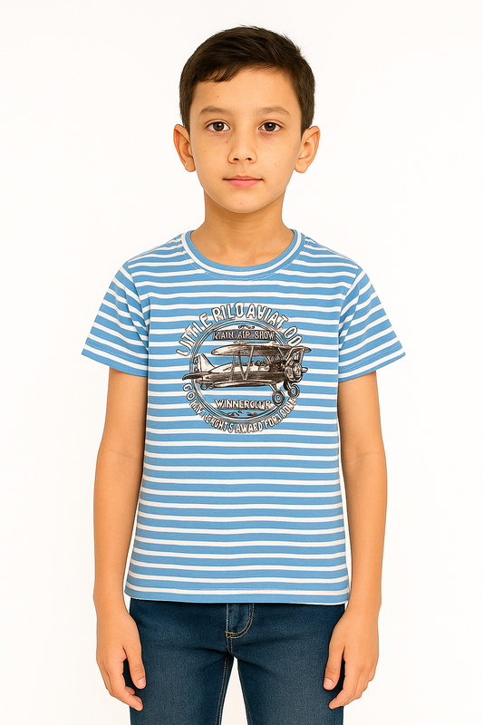 Boys' Round Neck Cotton Half Sleeve Little Pilot Aviation T-Shirt