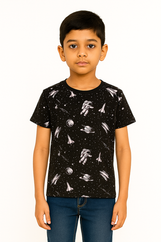Boys' Round Neck Cotton Half Sleeve Black