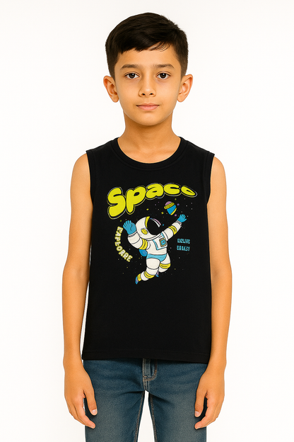 Boys' Cotton Sleeveless T-Shirt Jet Black Color