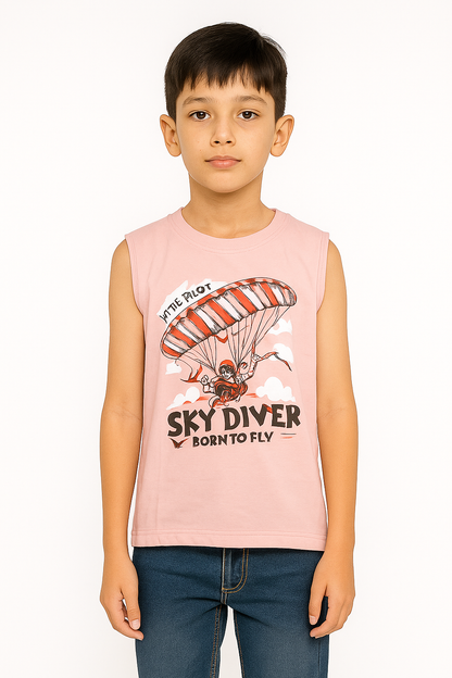 Boys' Cotton Sleeveless Peach with Black T-Shirt