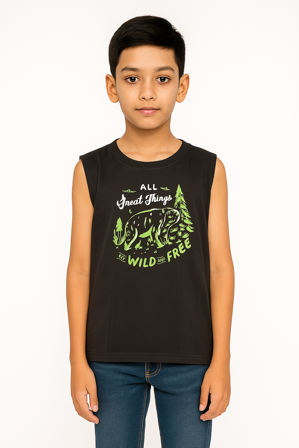 Boys' Cotton Sleeveless T-Shirt Raisin Black Color