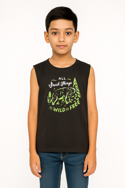 Boys' Cotton Sleeveless T-Shirt Raisin Black Color