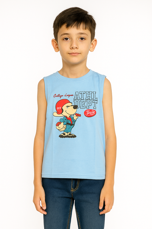 Boys' Cotton Sleeveless Steel Blue with Red T-Shirt