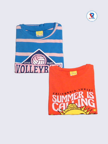 Boys Half Sleeve Cotton T-Shirt Combo (Pack of 2) - Comfort Cerulean Blue and Red Orange Color