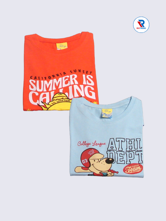 Boys Half Sleeve Cotton T-Shirt Combo (Pack of 2) - Vibrant Energy Red Orange and Light Steel Blue Color