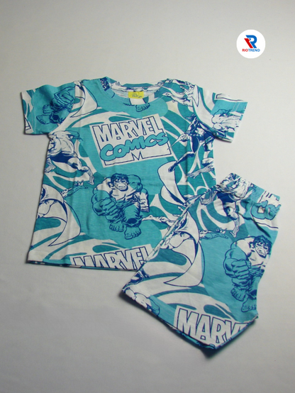 Boys Coordinate Set Cotton Cyan and White Color