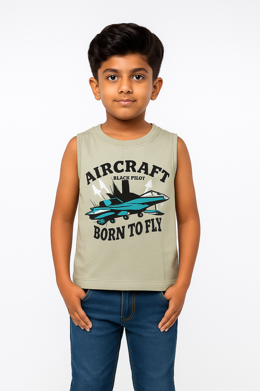 Boys' Cotton Sleeveless Cream with Blue T-Shirt