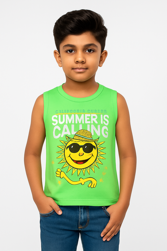 Boys' Cotton Sleeveless Light Green Blue with Yellow T-Shirt