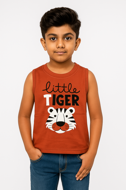 Boys' Cotton Sleeveless Brown with Black T-Shirt