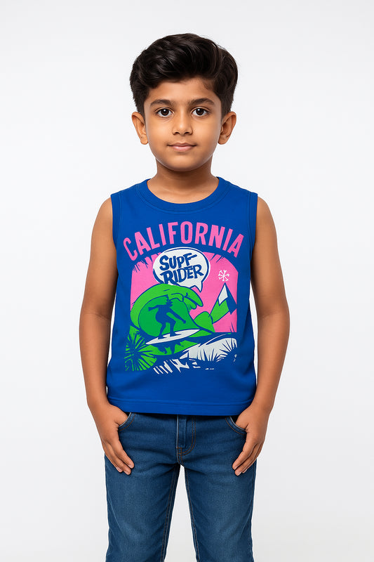 Boys' 100% Cotton Sleeveless Blue with Pink T-Shirt