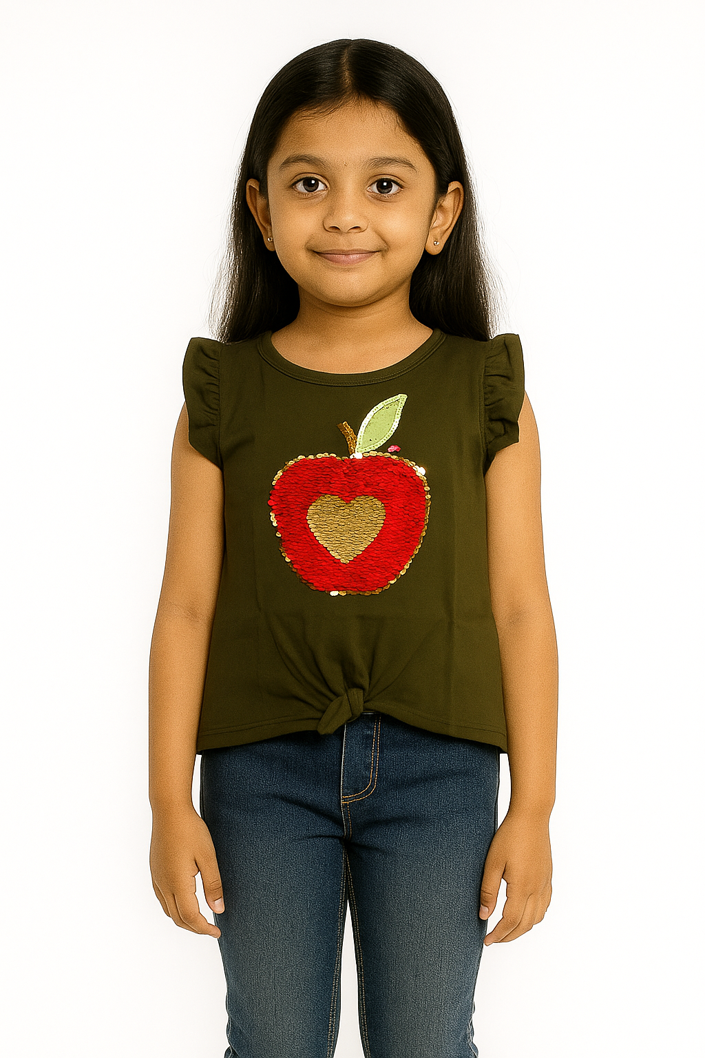 Girls Half Sleeve Knot Top Olive Color