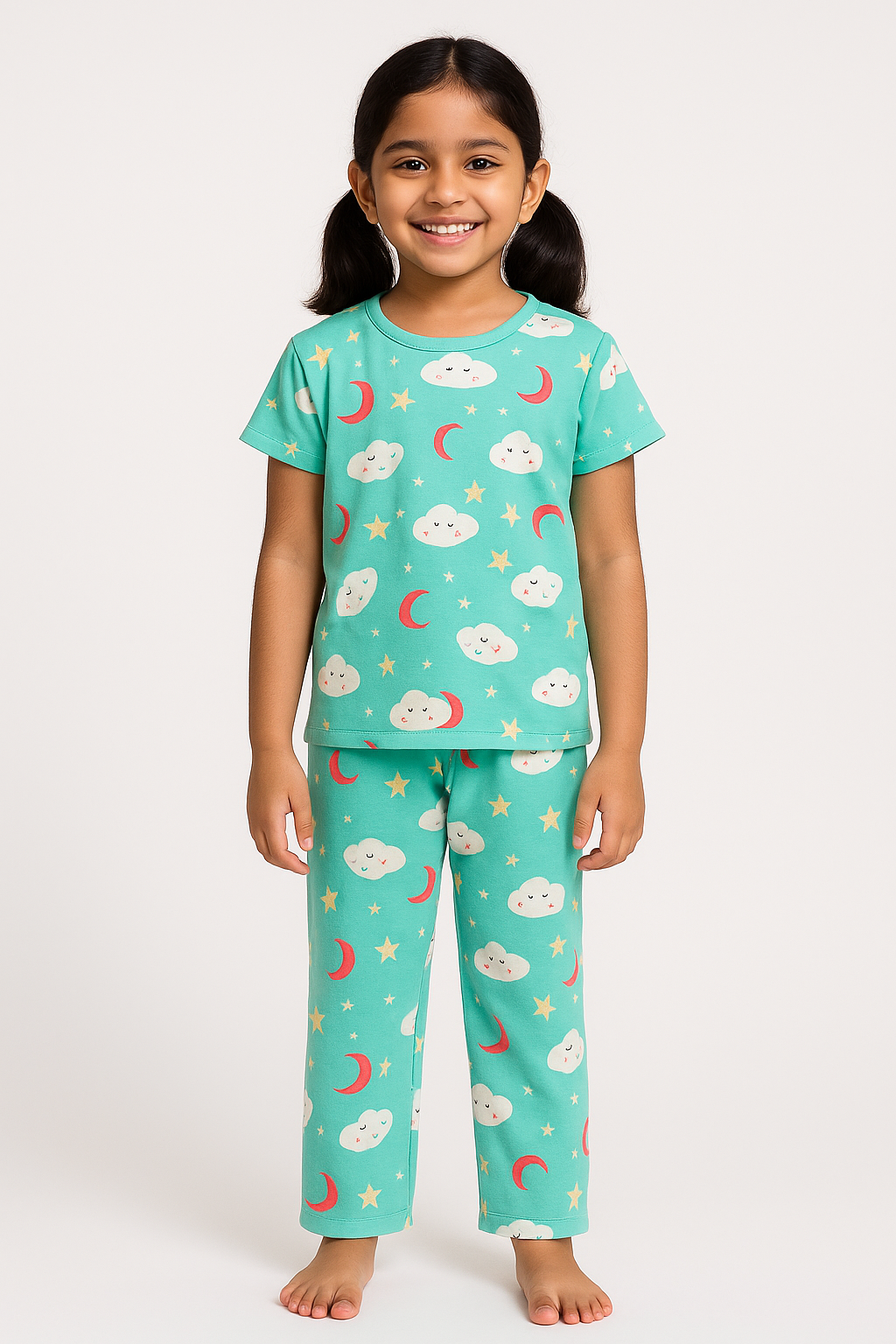 Girl's Cotton Pyjama Set Cyan Color