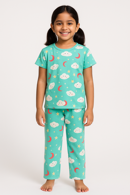 Girl's Cotton Pyjama Set Cyan Color