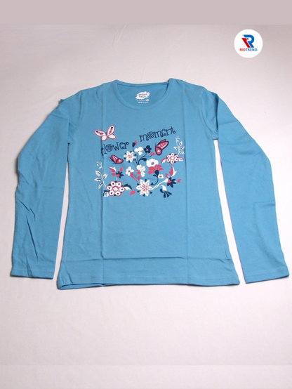 Girls Cotton Full Sleeve T-Shirt Steel Blue Color