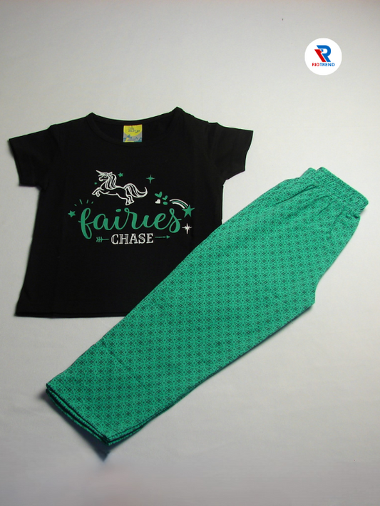 Girls Cotton T-Shirt and Pant Set in Black and Green Color