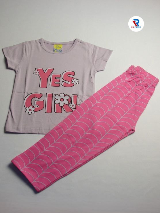 Girls Set Cotton T-Shirt and Pant Set in Lavender and Pink Color