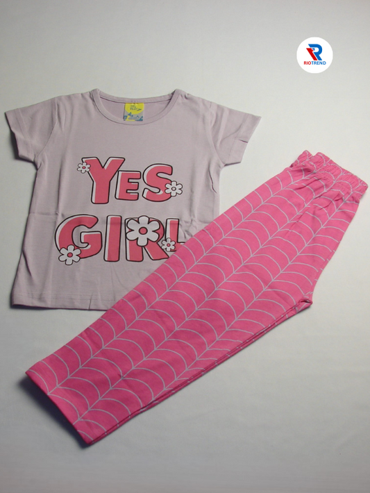 Girls Set Cotton T-Shirt and Pant Set in Lavender and Pink Color